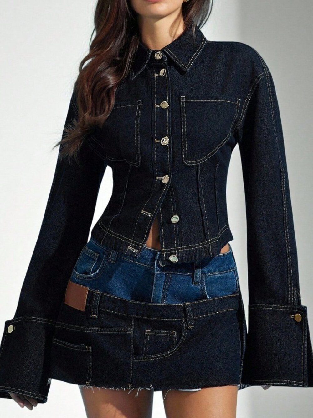 Dark Wash Casual Women's Cinched Waist Exaggerated Cuffs Collared Denim Shirt